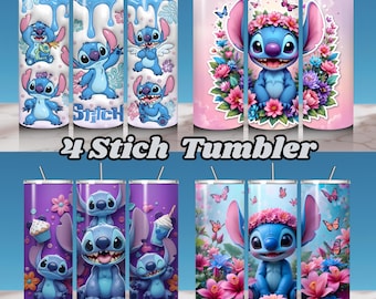 Stitch Tumbler Sublimation Design, Inflated Floral Wrap (PNG Digital Download)