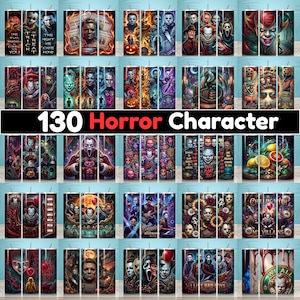 Peut inclure: Une collection de 130 designs de personnages d'horreur affichés sur des gobelets. Les gobelets présentent diverses personnages de films d'horreur, avec des illustrations vibrantes et détaillées. Le texte "130 Horror Character" est affiché au centre.