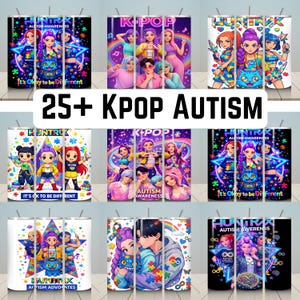 May include: A collection of colorful tumblers with K-Pop and Autism Awareness themes. The tumblers feature vibrant illustrations of anime-style characters, puzzle pieces, and the text "It's Okay to be Different". The text "25+ KPOP AUTISM" is also visible.