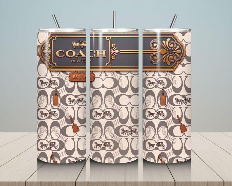May include: A cylindrical stainless steel tumbler with a straw, featuring a beige and brown repeating pattern of horse-drawn carriages and C-shaped logos. The top section displays a dark rectangular plaque with the text COACH NEW YORK.