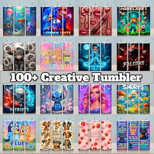 Puede incluir: Colección de coloridos vasos con varios diseños, incluyendo personajes de dibujos animados, equipos deportivos y patrones florales. El texto "100+ Creative Tumbler" está presente. Cada vaso mide aproximadamente 20 cm de alto.
