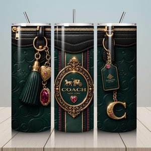 May include: A tumbler with a dark green leather-like design featuring gold accents and a zipper detail. The design includes a Coach New York logo, a heart-shaped charm, and a tassel. The tumbler has a silver straw.