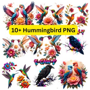 Könnte beinhalten: Eine Sammlung farbenfroher Kolibri-PNG-Bilder, die verschiedene Vögel mit leuchtendem Gefieder und floralen Akzenten zeigen. Der Text "10+ Hummingbird PNG" ist enthalten.