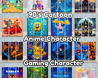 60+ 90's Cartoon, Anime & Gamer Style Tumbler Wrap Bundle | Printable PNG Sublimation Pack Variety of Cartoon and Anime Style Tumbler Wraps