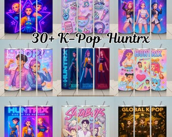 Paquete de más de 30 envoltorios PNG para vasos de K-Pop de 20 oz, estilo anime neón, regalo de Demon Hunters para fans de Huntrix, personaje de anime K-Pop PNG