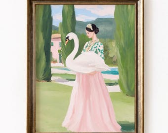 Muurkunst vrouw met zwaan: pastelkleurige tuinprint (digitale download)