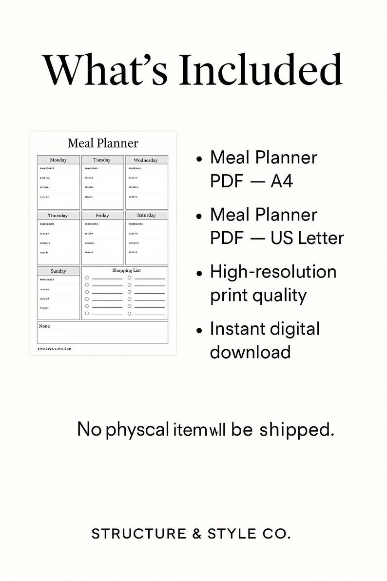 Weekly Meal Planner Printable | Minimalist Food Prep Organizer (PDF) - Etsy