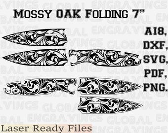 Mossy Oak 7-inch Laser Engraving File SVG, Folding Knife, MO19007A Template, Digital SVG for Fiber and CO2 Laser. Scroll work for knife.