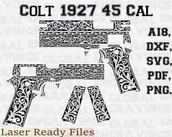 Colt 1927 .45 ACP laser engraving design SVG. Colt laser engraving files. Scrollwork. Fiber, lightburn files.