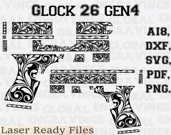Glock 26 Gen 4 engraving design SVG. Scrollwork Slide & Frame laser design.