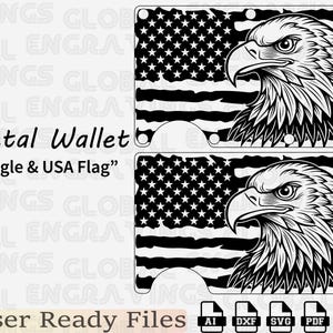 Metal Wallet Engraving Design, Flag with Eagle Custom EDC Wallet Vector, Fiber Laser SVG for Slim Wallet.