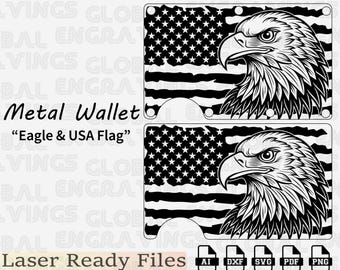 Metal Wallet Engraving Design, Flag with Eagle Custom EDC Wallet Vector, Fiber Laser SVG for Slim Wallet.