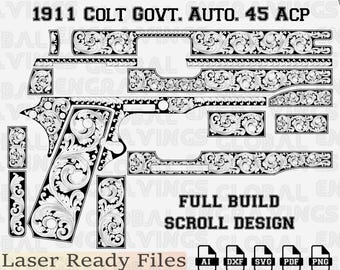 1911 Colt Government 45 ACP Laser Engraving File, Full Size 1911 Slide Pattern SVG, Fiber Laser Vector Design, Tactical Pistol Art DXF.