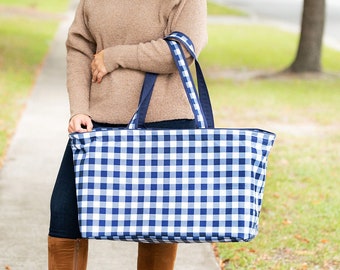 Monogrammed Blue Gingham Tote Bag: Personalized Check Utility Carry-All ~ FREE PERSONALIZATION