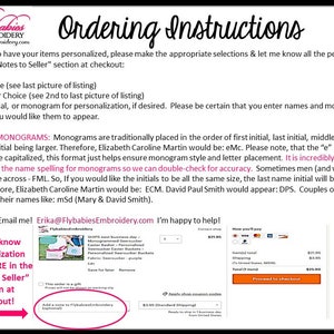 May include: A note on the Flybabies Embroidery website explaining how to personalise orders. The note says to add personalisation details in the "Notes to Seller" section at checkout. The note also includes instructions on how to format monograms.