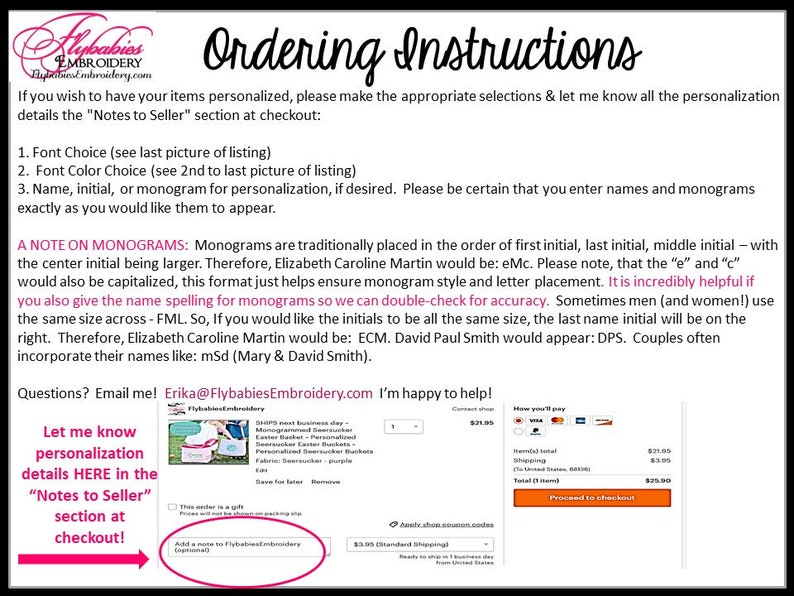 May include: A note on the Flybabies Embroidery website explaining how to personalise orders. The note says to add personalisation details in the "Notes to Seller" section at checkout. The note also includes instructions on how to format monograms.