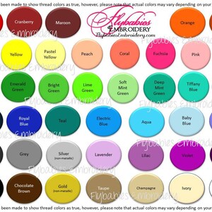 May include: A colour chart of embroidery thread colours. The chart includes 48 different colours, including red, orange, yellow, green, blue, purple, brown, black, and white. The colours are arranged in a grid pattern, with each colour represented by a circle.