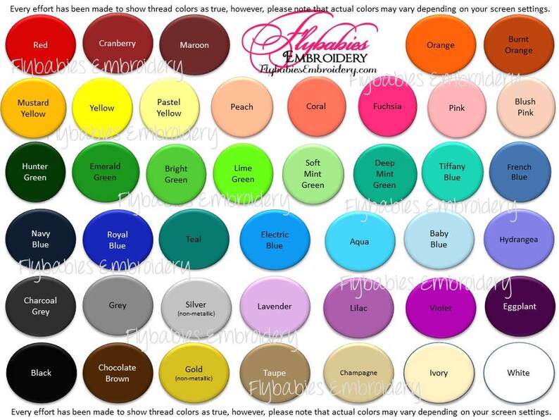 May include: A colour chart of embroidery thread colours. The chart includes 48 different colours, including red, orange, yellow, green, blue, purple, brown, black, and white. The colours are arranged in a grid pattern, with each colour represented by a circle.