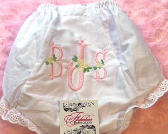 Floral Monogram Diaper Cover, Personalized Baby Bloomers