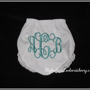 May include: White baby bloomers with a teal blue embroidered monogram "CGB" and a lace trim. Flybabiesembroidery.com