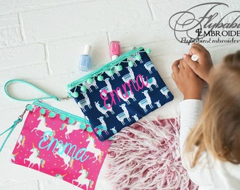 Girl's Monogrammed Wristlet ~ Llama or Unicorn ~ Personalized Cosmetic or Accessory Bag for Girls ~  Llama Cosmetic Bag ~ Unicorn Bag