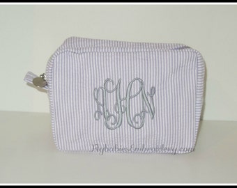 Monogrammed  Seersucker Cosmetic Bag ~ Personalized  Seersucker Bag ~ Monogrammed Seersucker Bag ~ Bridesmaid Gift - 4 colors QUICK SHIPPING