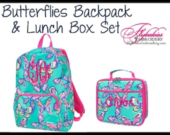 Girl's Monogrammed Backpack Set ~ Personalized Butterfly Backpack & Lunchbox ~ Monogram Backpack and Lunch Box ~ Girl's Back to School Set