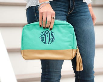 Monogammed Cosmetic Bag ~ Monogrammed Toiletry Bag ~ Personalized Mint Cosmetic Bag  Monogrammed Make-up Bag ~ Personalized Bridesmaid Gifts