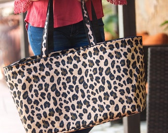 Monogrammed Leopard Print Tote Bag, Personalized Utility Carry-All