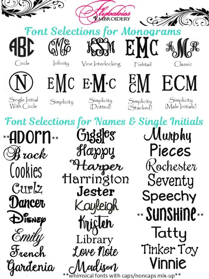 May include: A chart of font styles for monograms and names. The chart includes a variety of font styles, including circle, infinity, vine interlocking, fishtail, classic, simplicity, dotted, stacked, and male initials. The chart also includes a list of names with different font styles.