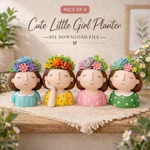 May include: Four ceramic planters shaped like girls with closed eyes and succulent "hair". Each girl wears a different colored top: blue, yellow, pink, and green. The text "Cute Little Girl Planter" and "STL DOWNLOAD FILE" are visible.