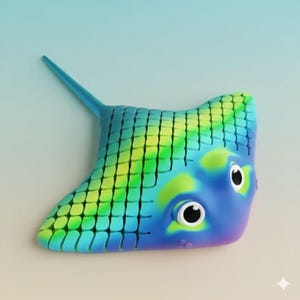 May include: A colorful, cartoon-style stingray figurine. The stingray features a blue body with green and yellow accents, a long tail, and large, expressive eyes. The design has a grid-like pattern on the wings, giving it a textured appearance. The overall aesthetic is playful and vibrant.