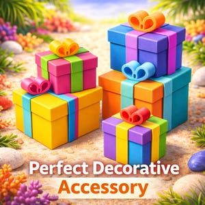 Puede incluir: Una colección de cajas de regalo coloridas con cintas y lazos a juego. Las cajas están apiladas y dispuestas sobre una superficie arenosa, con el texto "Perfect Decorative Accessory" en la parte inferior. Las cajas son de varios colores, incluyendo amarillo, rosa, azul, naranja y morado.