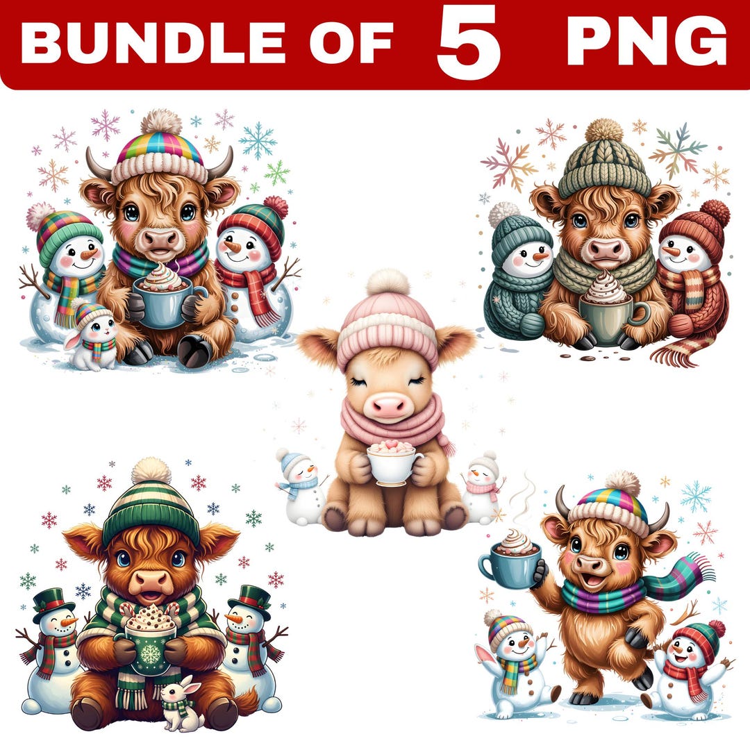 Cute Winter Highland Cow Clipart Bundle – Hot Cocoa Christmas Cow PNG ...