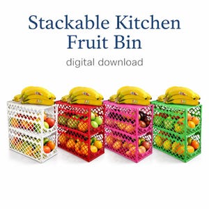 May include: Four stackable kitchen fruit bins in white, red, pink, and green, each filled with various fruits and topped with bananas. The bins have a lattice design and are labeled "Stackable Kitchen Fruit Bin".