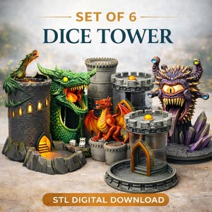 May include: A set of six dice towers with fantasy themes. The towers feature dragon and monster designs in various colors, including green, red, and purple. The text "SET OF 6 DICE TOWER" and "STL DIGITAL DOWNLOAD" are visible.