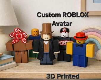 May include: A collection of 3D-printed Roblox avatars, each with unique designs and accessories. The avatars include a figure with a brown top hat, a figure with a red hat, and a figure with a Demogorgon-like flower. The text "Custom Roblox Avatar" and "3D Printed" are visible.