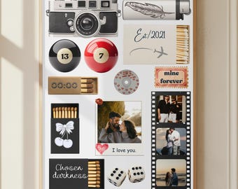 Plantilla de póster de caja de cerillas para parejas, arte mural personalizado con una historia de amor, regalo de Canva editable para aniversario de novio o novia.