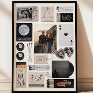Op de afbeelding: Een ingelijste collage-print met een centrale foto van twee wandelende personen, omringd door diverse kleinere afbeeldingen waaronder een maan, speelkaarten, geïllustreerde luciferdoosjes, hartvormige fotolijstjes en teksten zoals R+B.