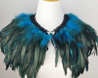 Deluxe turquoise&black Feather Collar or Cape, Fantasy Feather Collar for Events, Costume, Carnival Cosplay