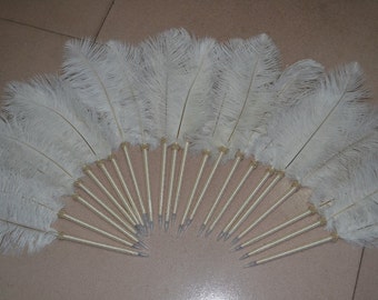 Free shipping 20pcs ostrich feather pen Feather guest book pen  for Vintage wedding guest pen Ivory Ribbon