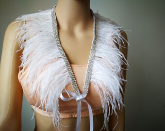 White Bridal Feather Necklace  Coque feathers shrug Burlesque Goth Collar Cape Shoulder Wrap