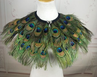 Deluxe Peacock Feather Collar or Cape, Fantasy Feather Collar for Events, Costume, Carnival Cosplay