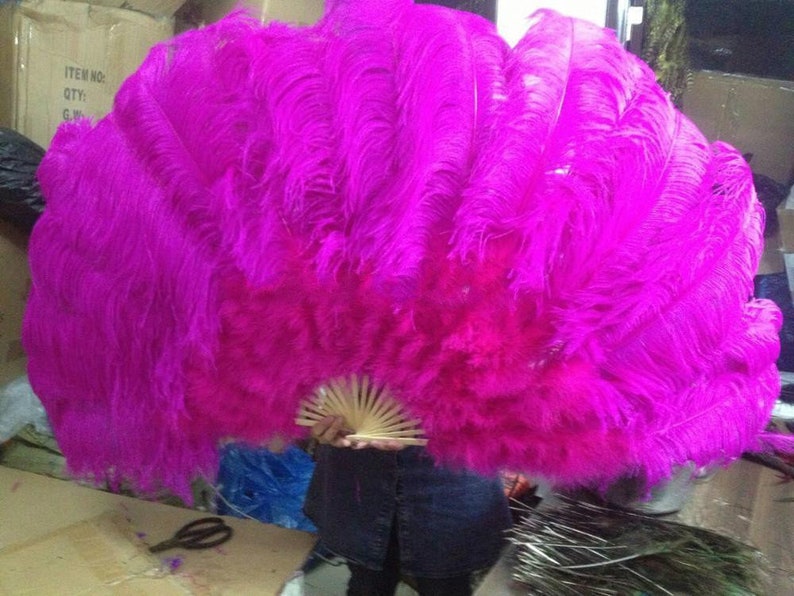 32X18inch80X45cm Large ostrich Feather Fan,Burlesque Dance ostrich feather fan,wedding ostrich feather fan hot pink