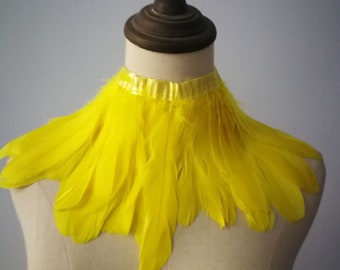 Yellow Feather Necklace  Coque feathers shrug Burlesque Goth Collar feather collar / Steampunk high collar/ Burlesque fringe collar
