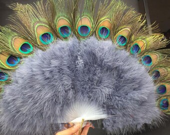 60*35cm Peacock Burlesque Fan Dance  feather fan Bridal Bouquet Party Dance Fan Showgirl Large Fan Silver