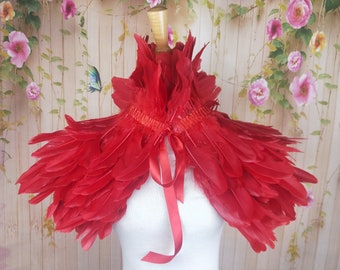 Deluxe Red Feather Collar or Cape, Fantasy Feather Collar for Events, Costume, Carnival Cosplay