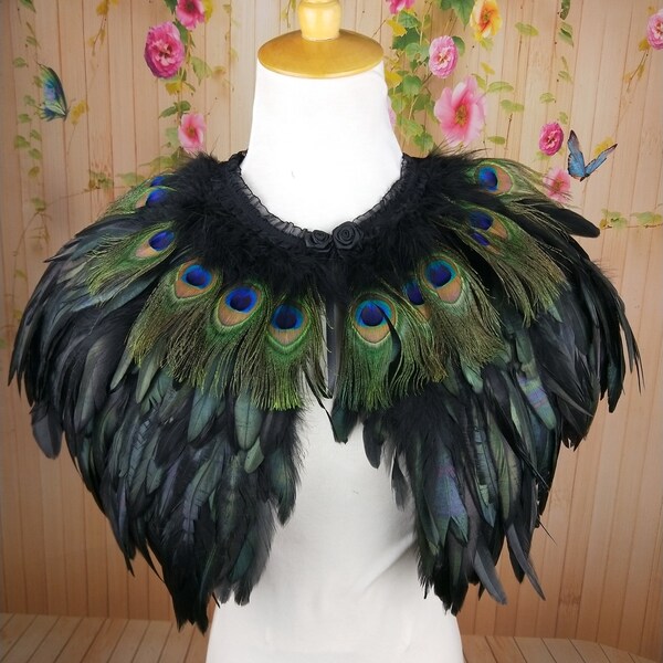 Deluxe Black&peacock ogen Feather Collar of Cape, Fantasy Feather Collar voor evenementen, Kostuum, Carnaval Cosplay