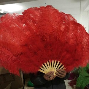 32X18inch80X45cm Large ostrich Feather Fan,Burlesque Dance ostrich feather fan,wedding ostrich feather fan Red