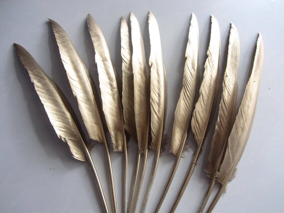 Turkey GOLD Feathers Metallic Gold Painted Feathers Loose for Millinery,  Wedding Party Table Decor 6 Feathers/pack 25-28cm Long 